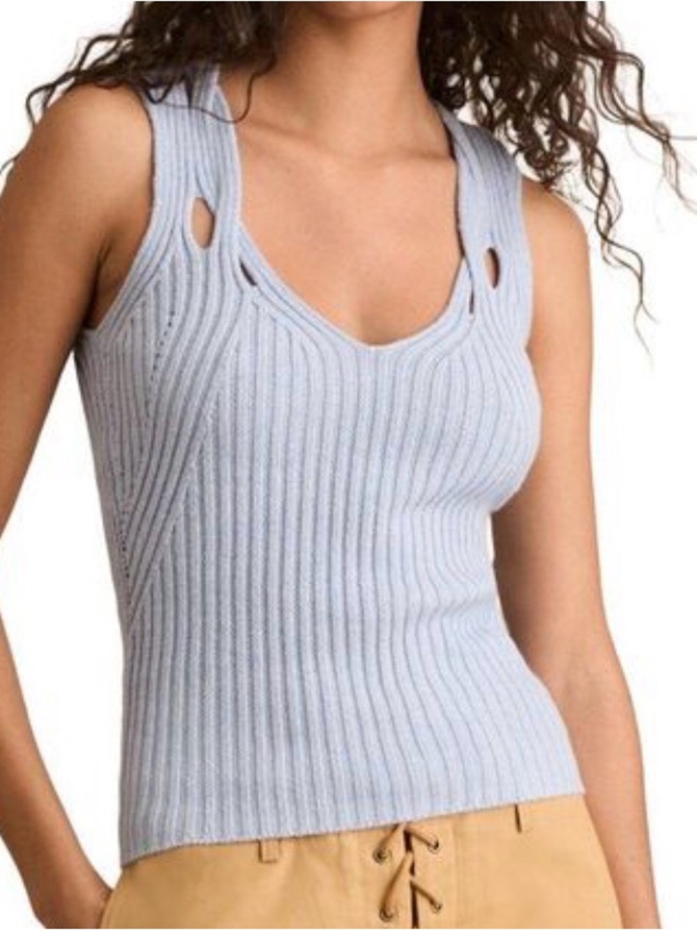 REISS ALETHIA TWIST STRAP BLUE RIBBED SLEEVELESS V-NECK SWEATER SZ LARGE - Picture 1 of 5